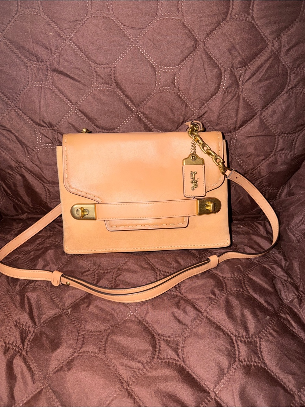 Coach Peach Leather Flap Crossbody with Gold Hardware and Tag Charm